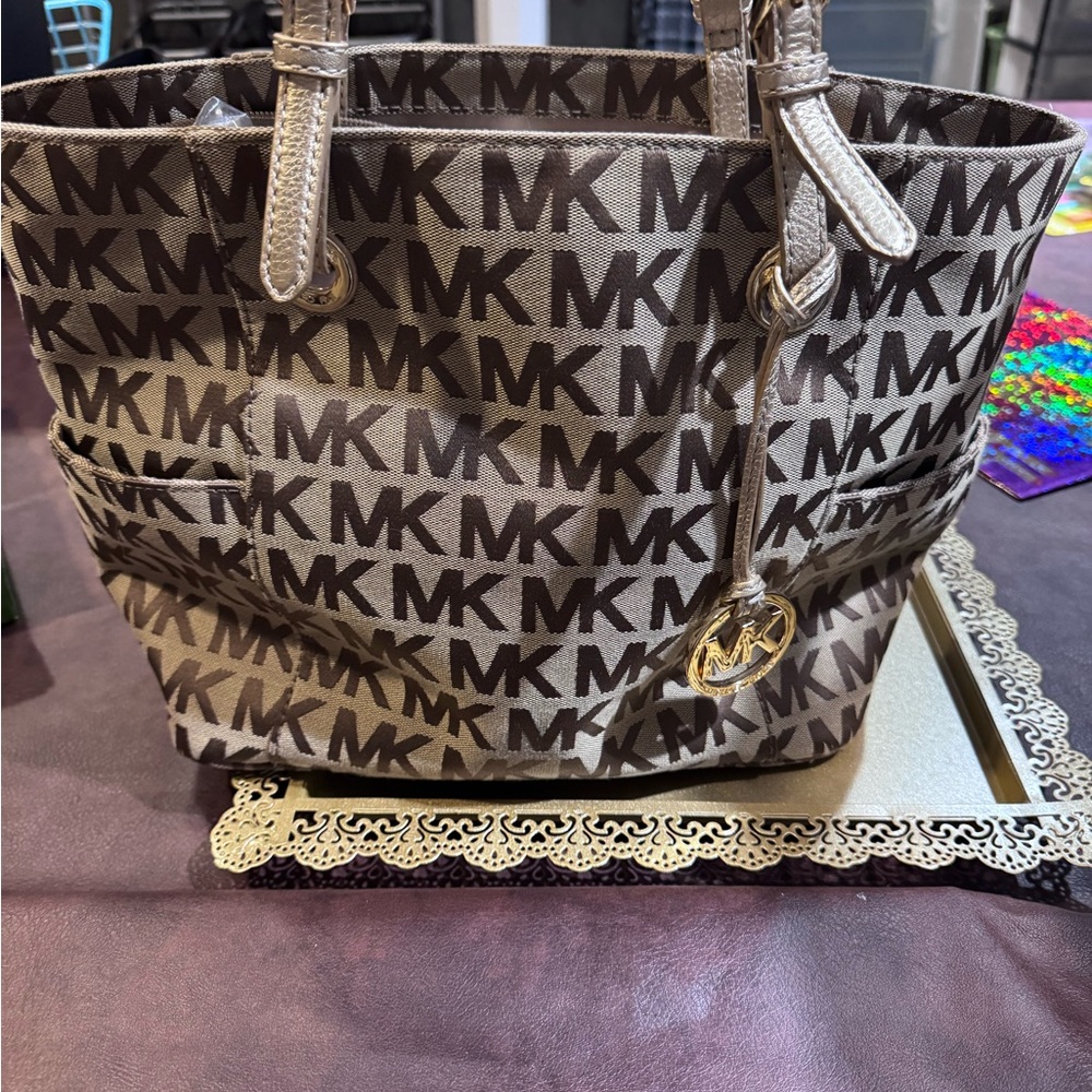 Michael Kors Monogrammed Tan and Brown Tote